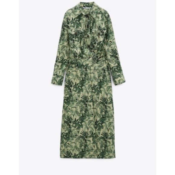 ZARA NWT WOMAN PRINTED WRAP-STYLE DRESS LINEN BLEND FLOWY GREEN - Picture 2 of 8